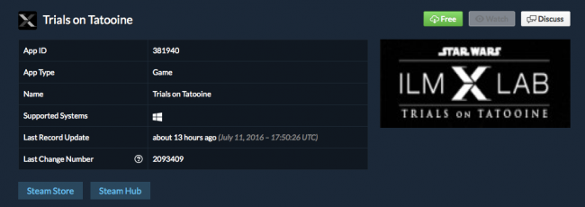 SteamのStar Wars: Trials on Tatooineが表示されたデータベース画面