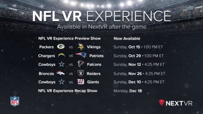 NextVR、NFLのレギュラーシーズンをVR配信すると発表　注目の試合を集めて放送
